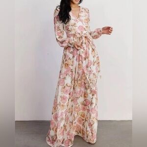 Pink Blush-Ivory Floral Chiffon Long Sleeve Pleated Maxi Dress -size medium